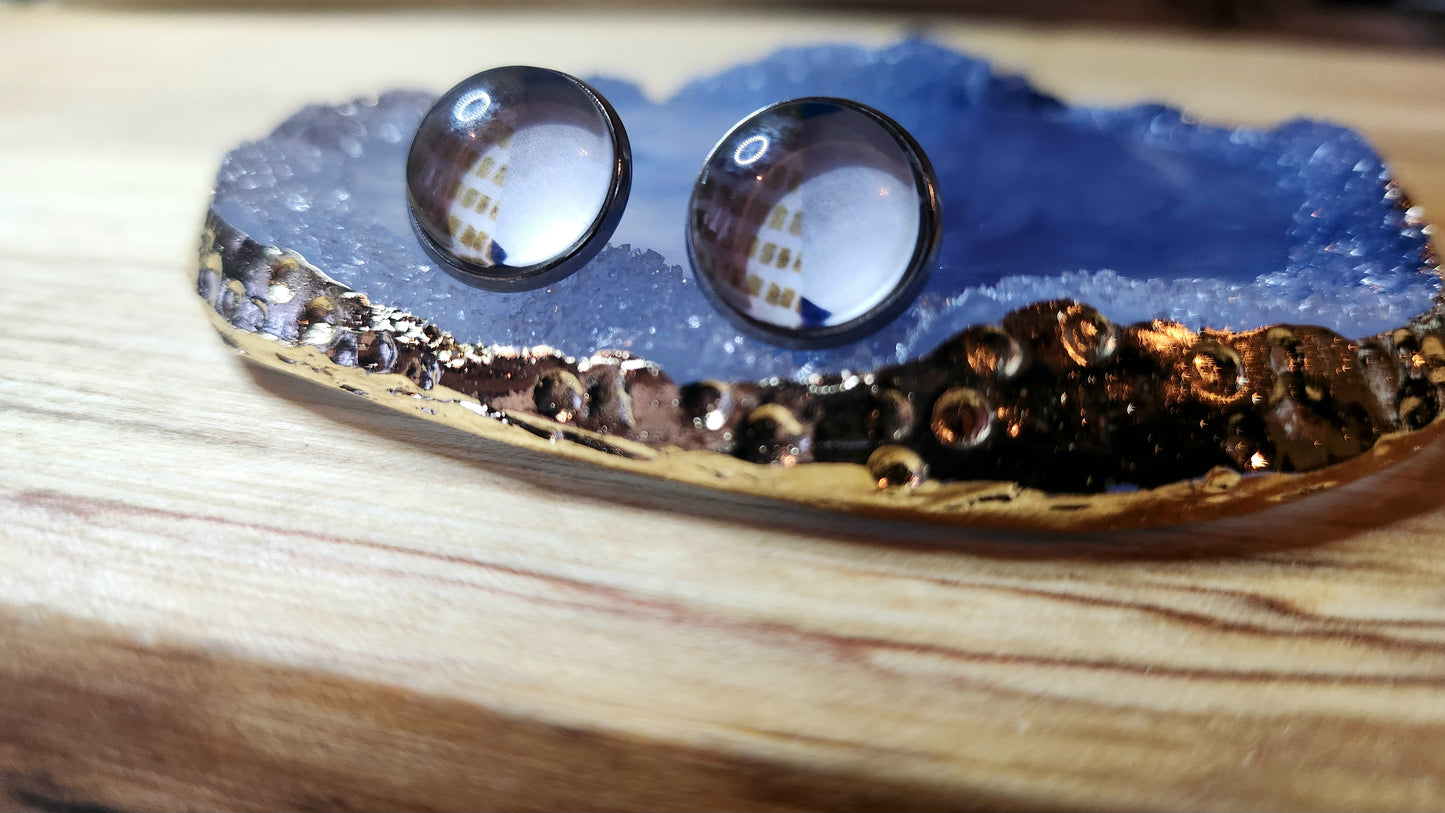 Clous d'oreilles Cabochon de verre "Abstraits" tons de bleus