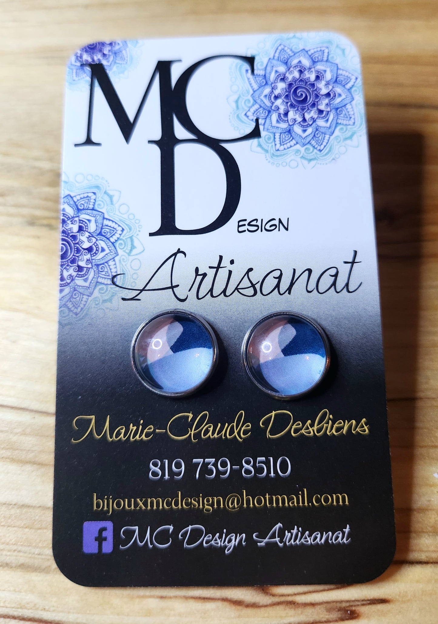 Clous d'oreilles Cabochon de verre "Abstraits" tons de bleus