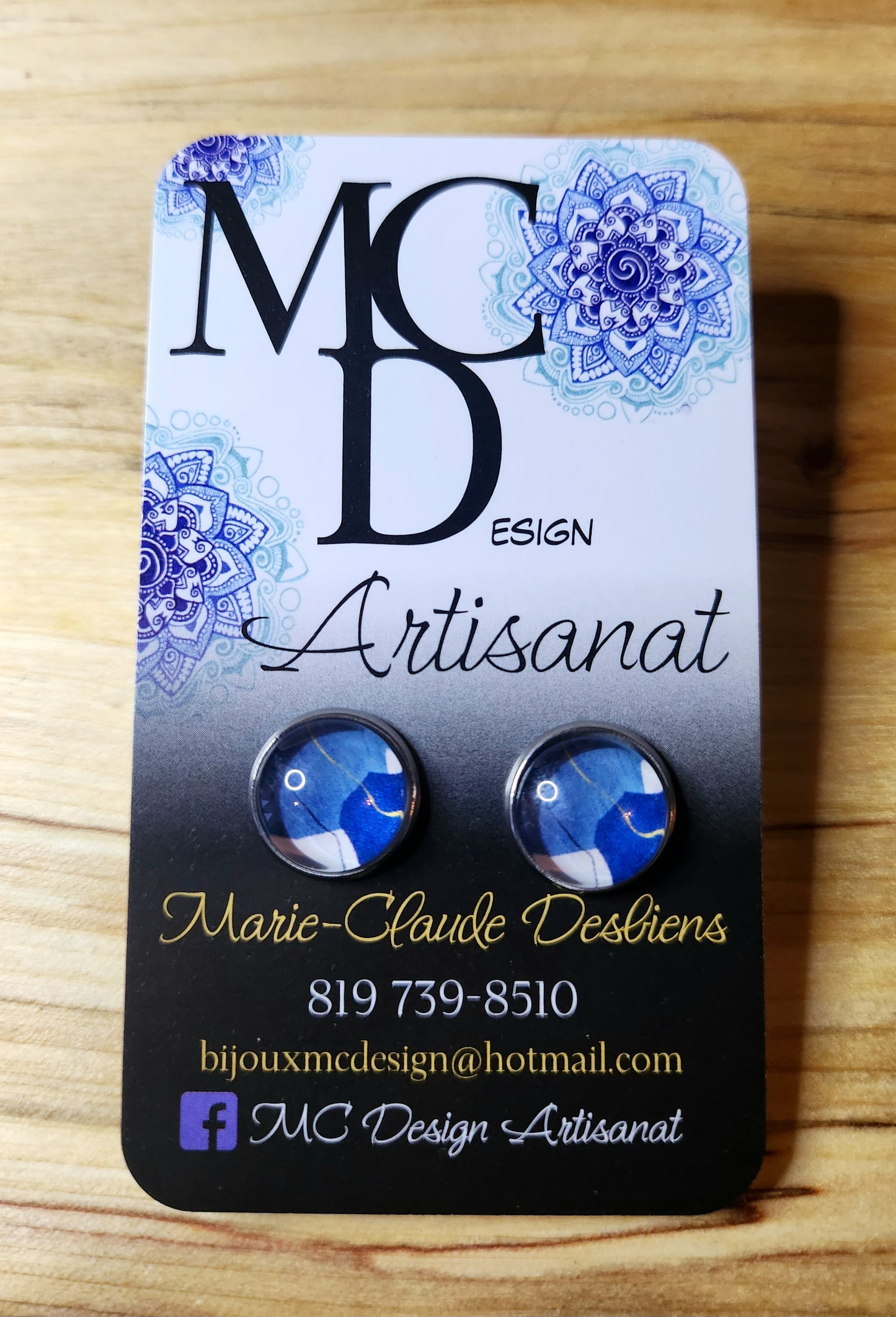 Clous d'oreilles Cabochon de verre "Abstraits" tons de bleus
