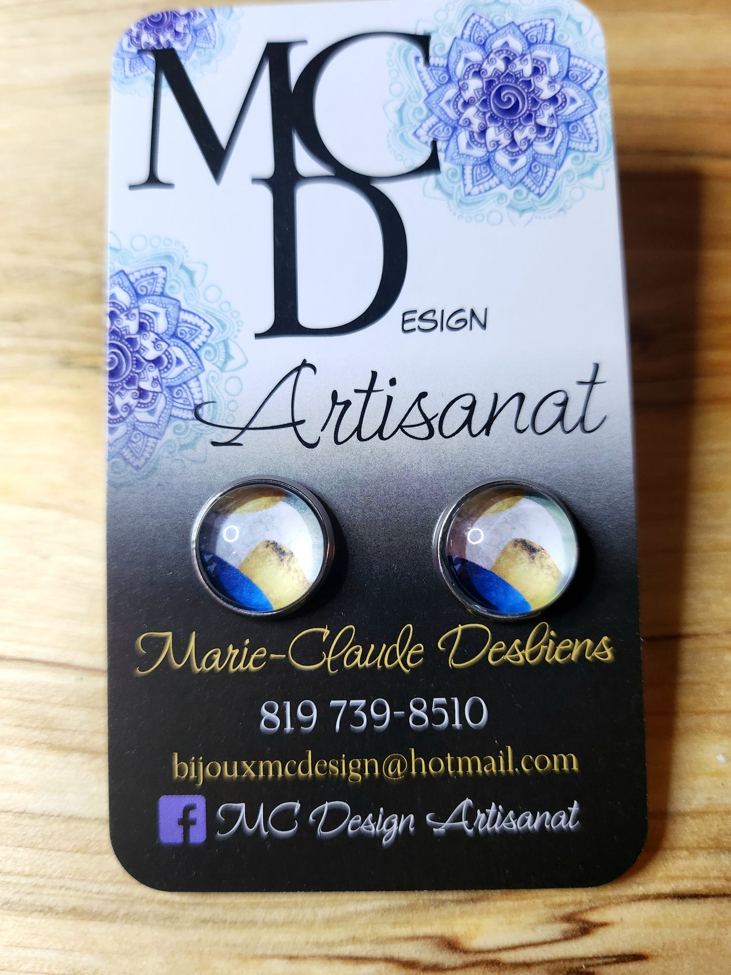 Clous d'oreilles Cabochon de verre "Abstraits" tons de bleus