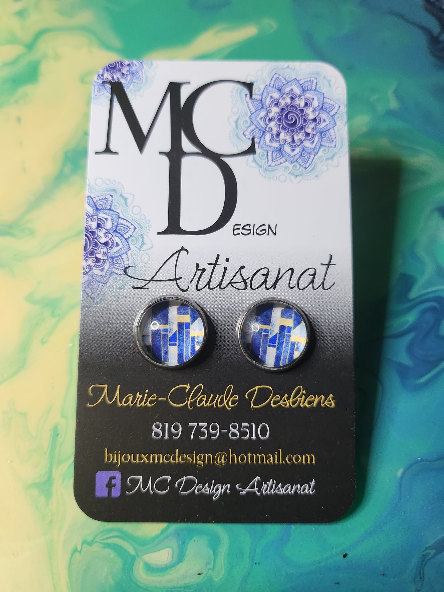 Clous d'oreilles Cabochon de verre "Abstraits" tons de bleus