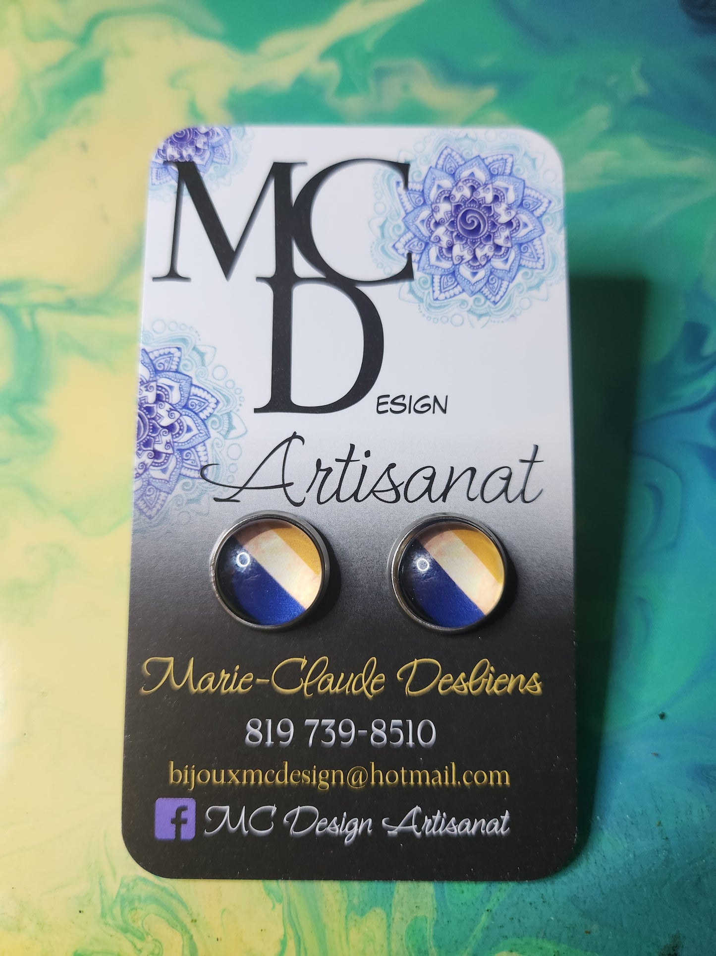 Clous d'oreilles Cabochon de verre "Abstraits" tons de bleus