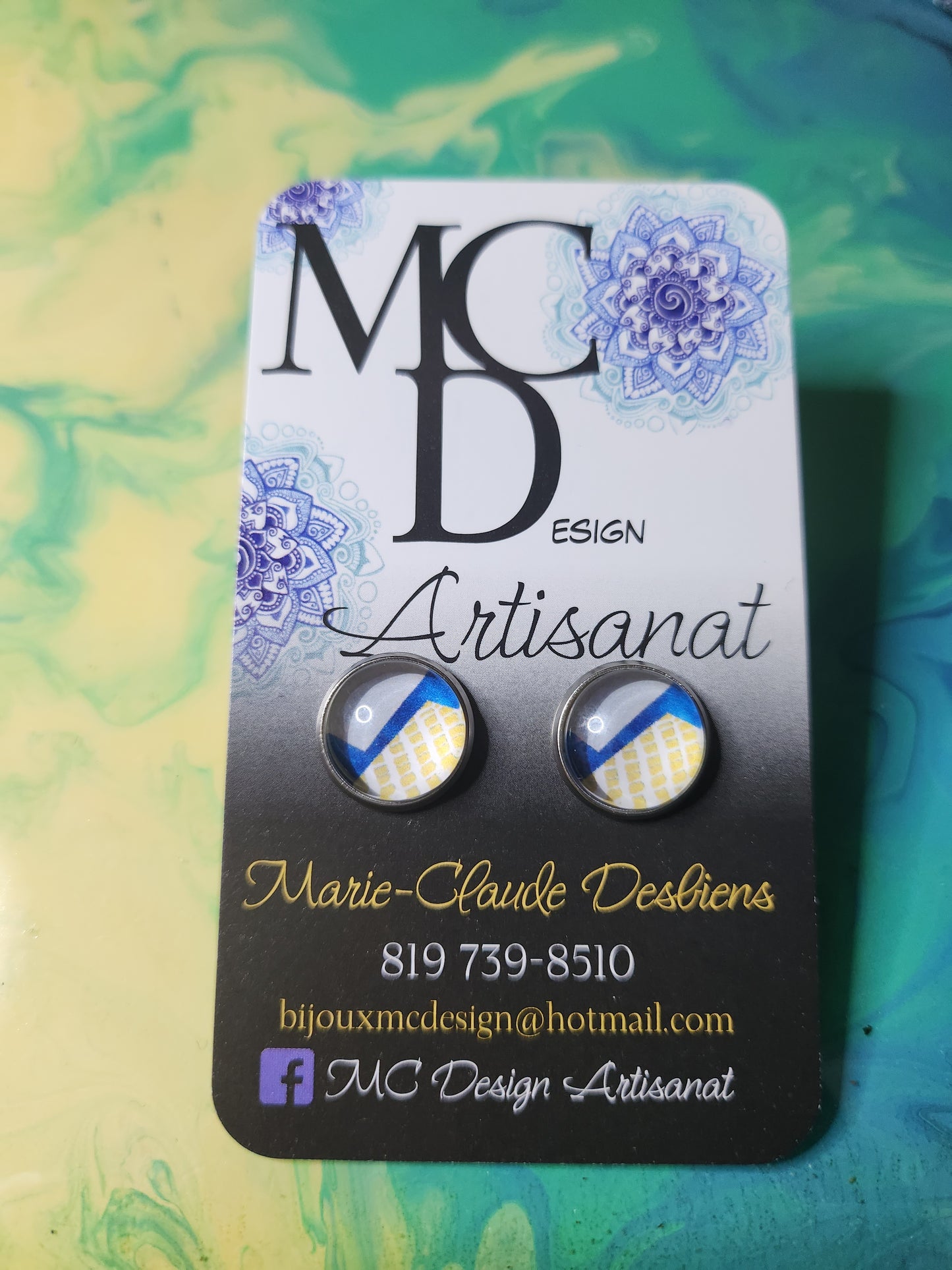 Clous d'oreilles Cabochon de verre "Abstraits" tons de bleus