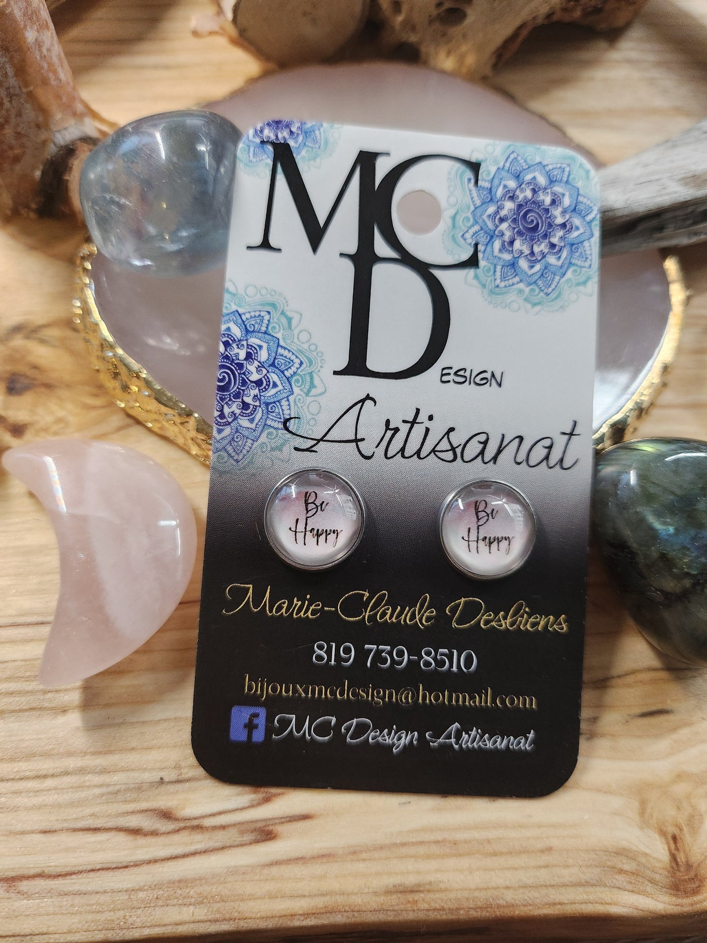 Clous d'oreilles Cabochon de verre Be Happy