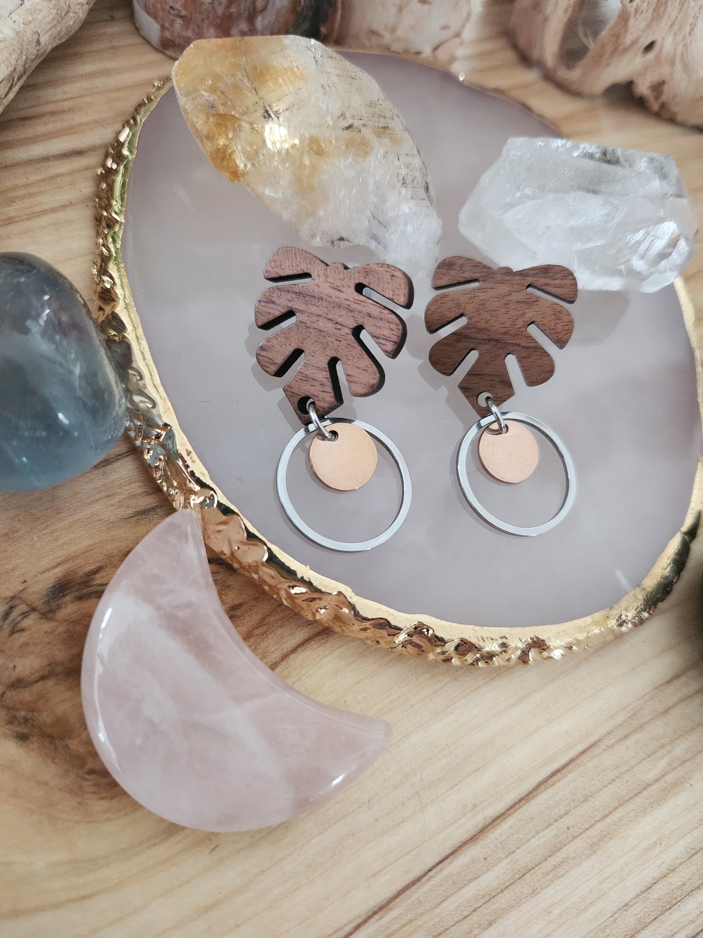 Boucles d'oreilles en bois et acier inoxydable