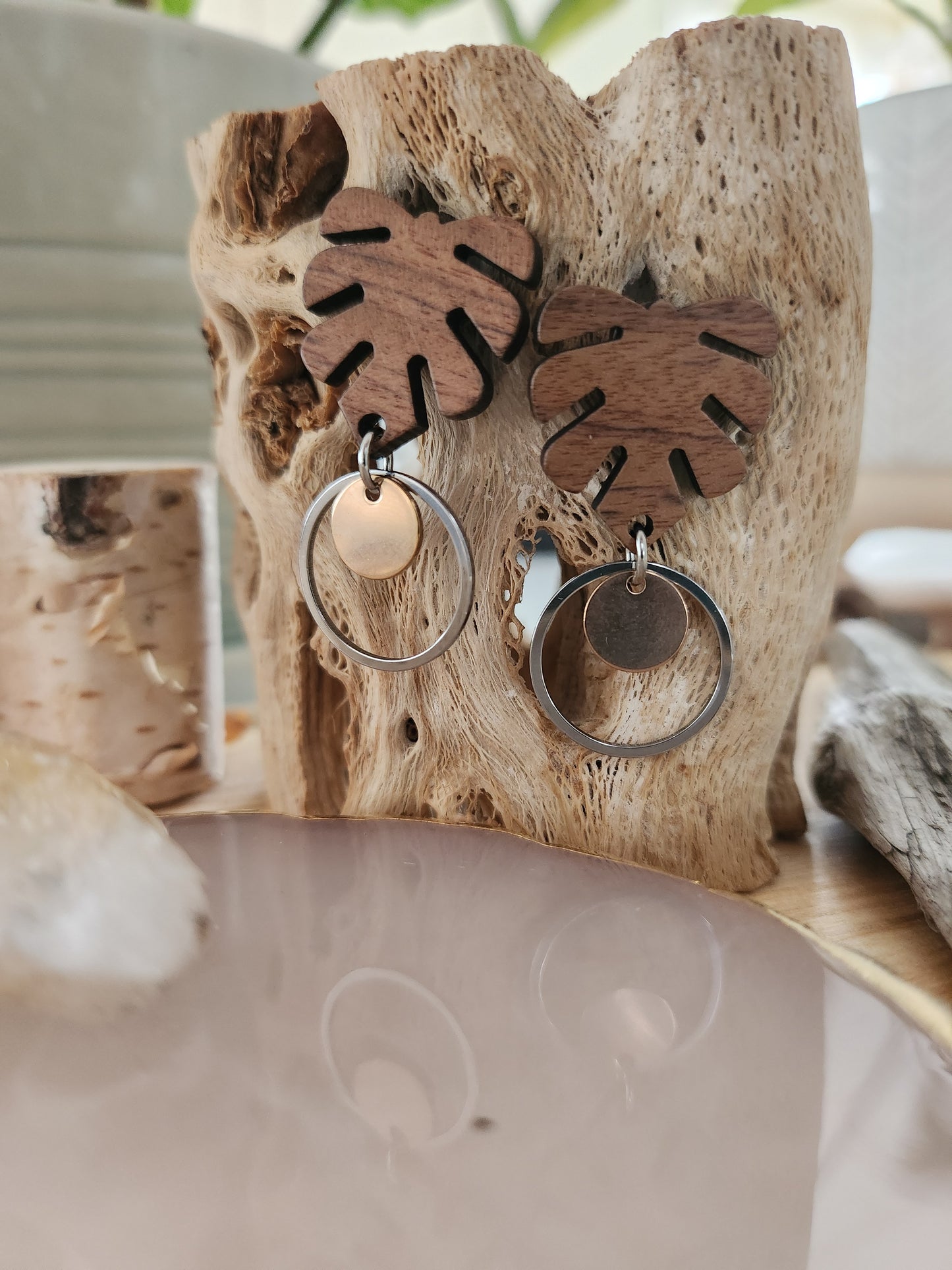 Boucles d'oreilles en bois et acier inoxydable