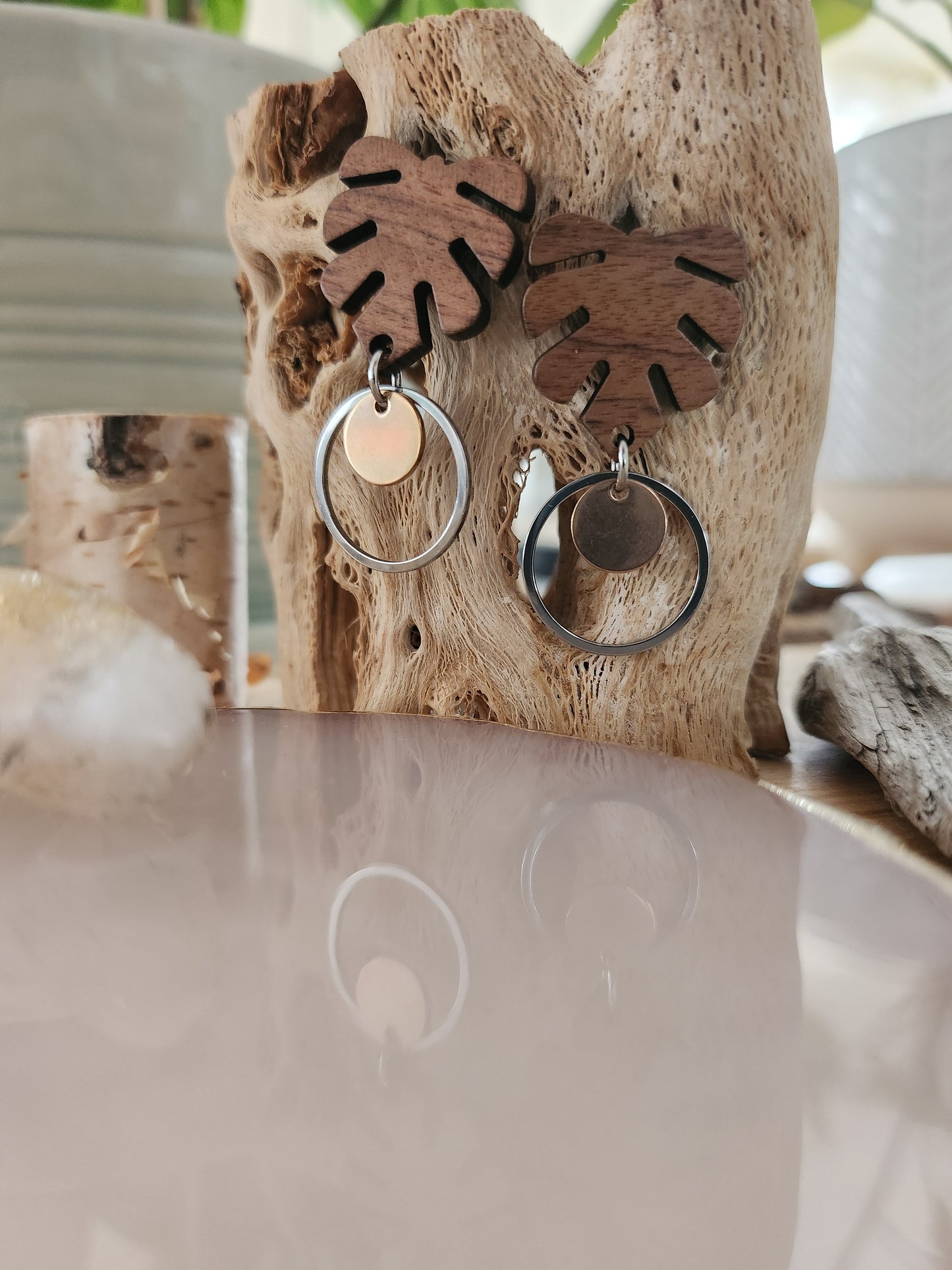 Boucles d'oreilles en bois et acier inoxydable