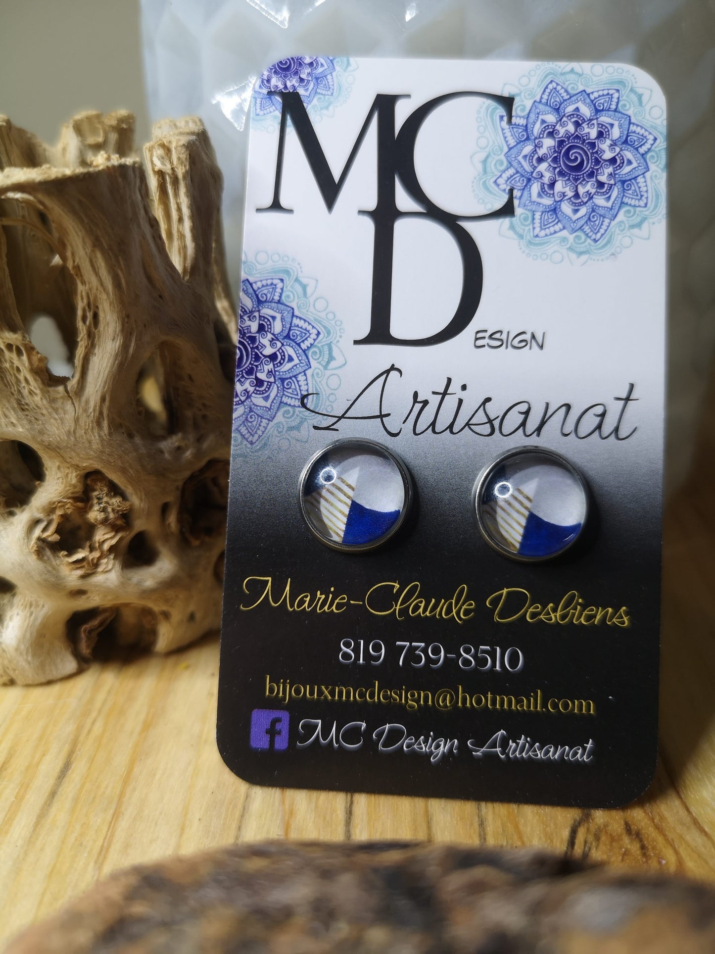 Clous d'oreilles Cabochon de verre "Abstraits" tons de bleus