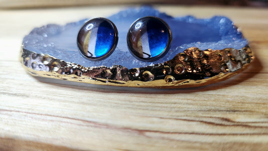 Clous d'oreilles Cabochon de verre "Abstraits" tons de bleus