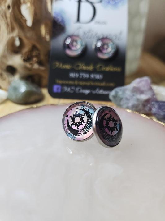 Clous d'oreilles Cabochon de verre Lune rose