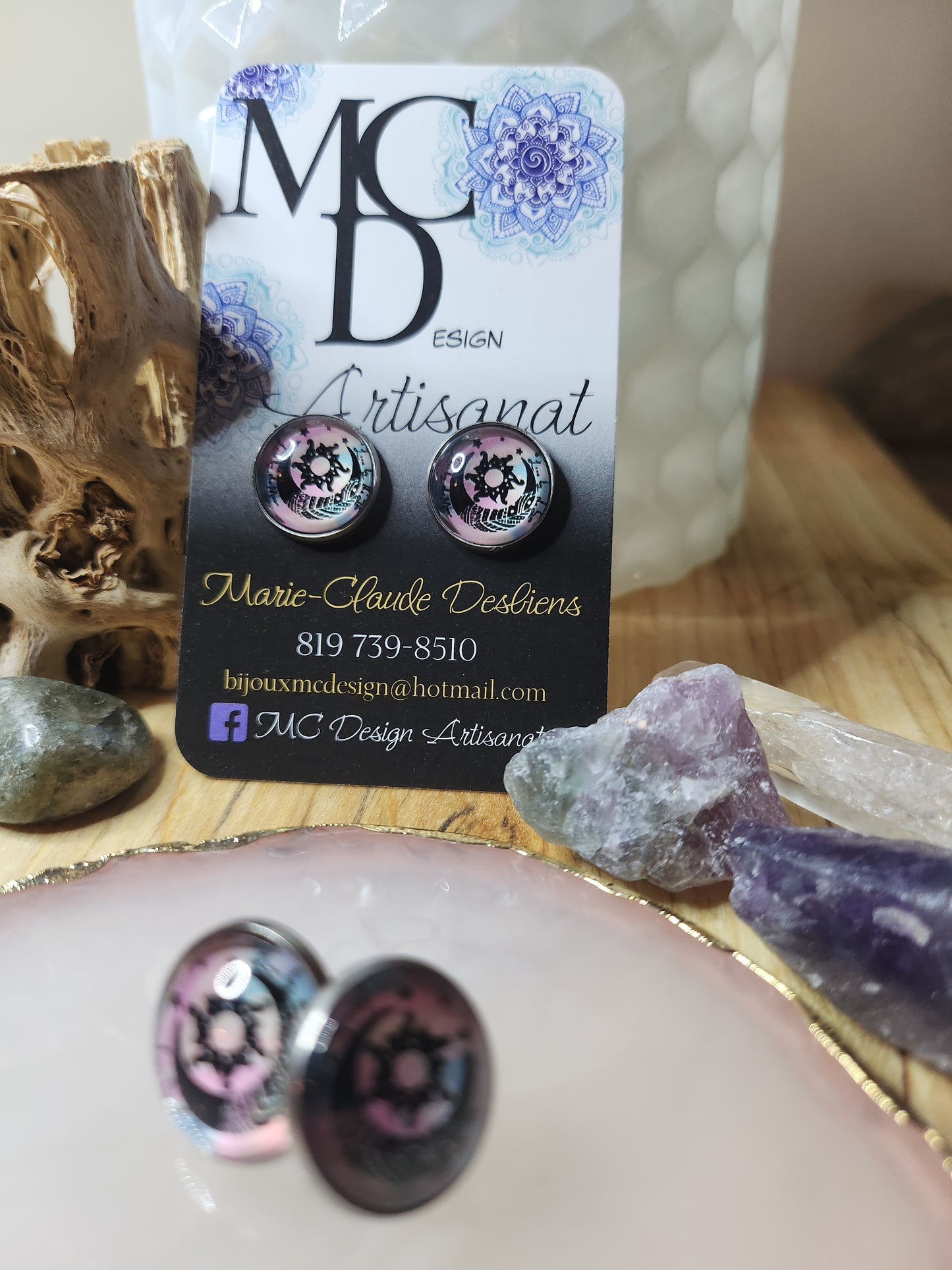 Clous d'oreilles Cabochon de verre Lune rose