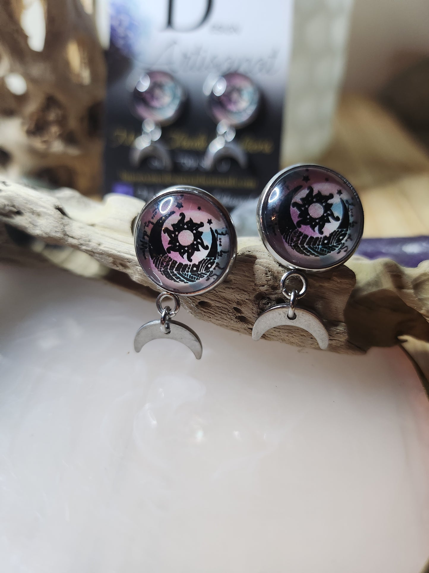 Clous d'oreilles Cabochon de verre Lune rose