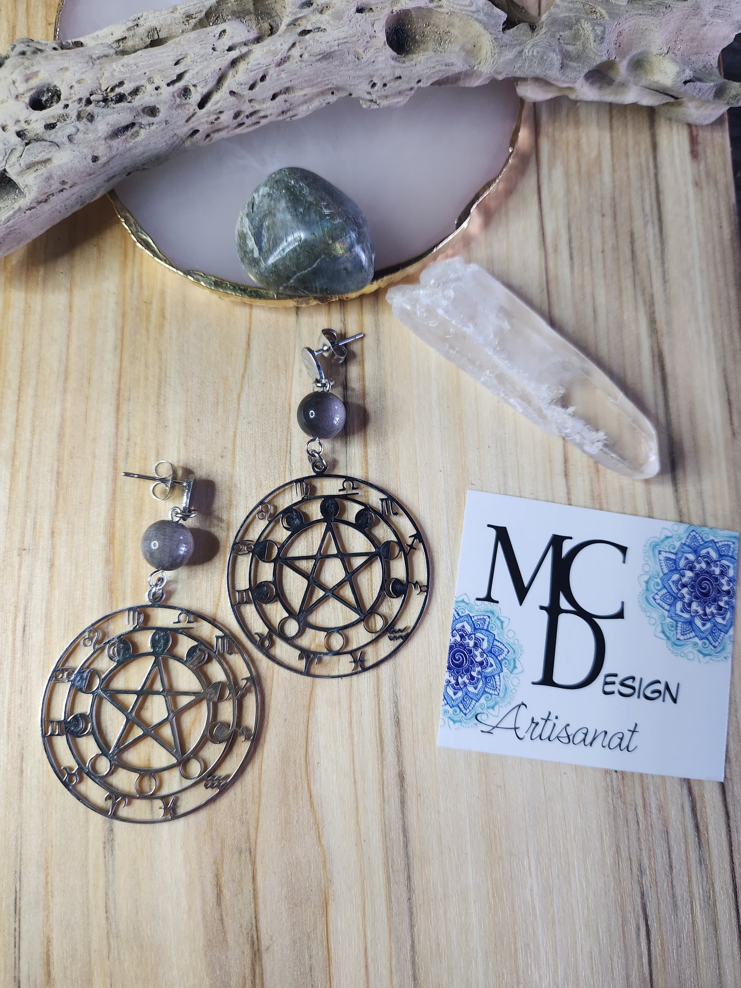 Boucles d'oreilles Signes astrologique et Obsidienne argentée