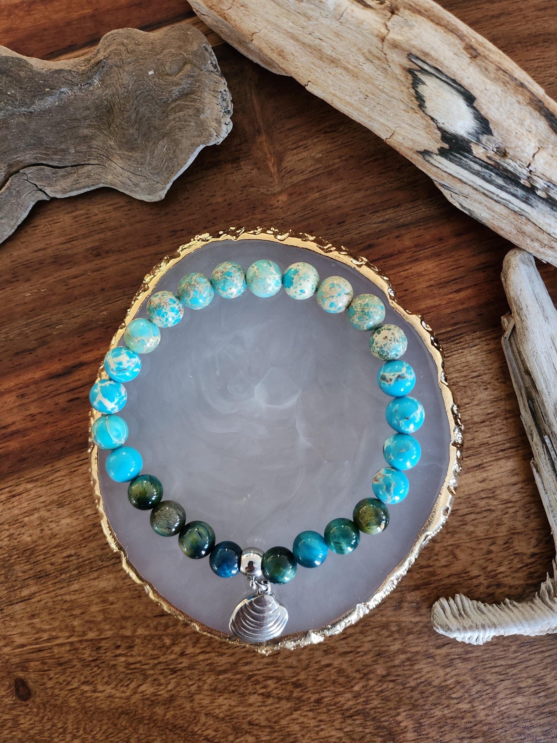 Bracelet en pierre semi-précieuses avec billes de 8mm. Jaspe sédiment et oeil de tigre turquoise