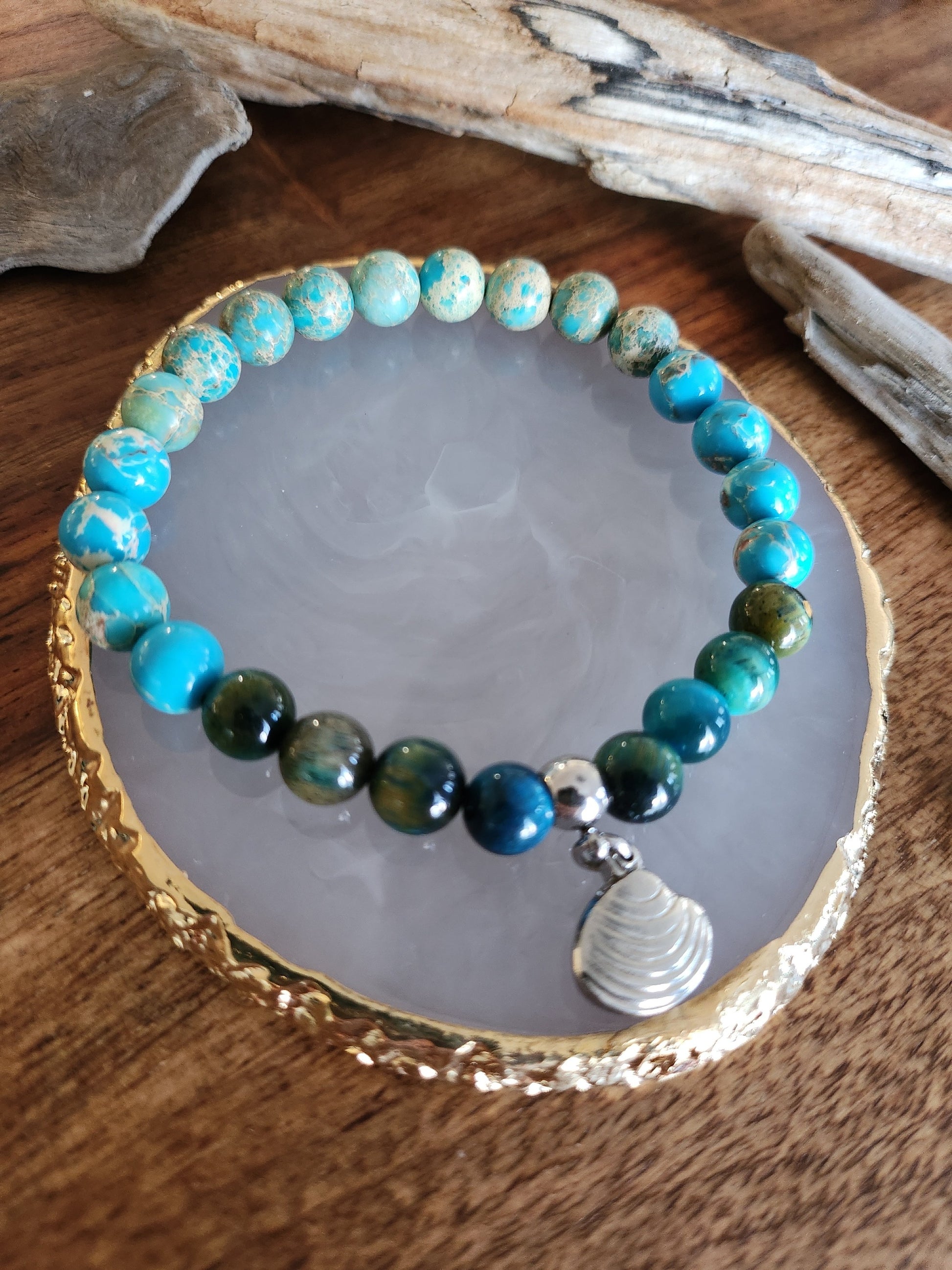Bracelet en pierre semi-précieuses avec billes de 8mm. Jaspe sédiment et oeil de tigre turquoise