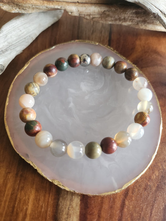 Bracelet en pierre semi-précieuses avec billes de 8mm. Agate et Jaspe picasso.