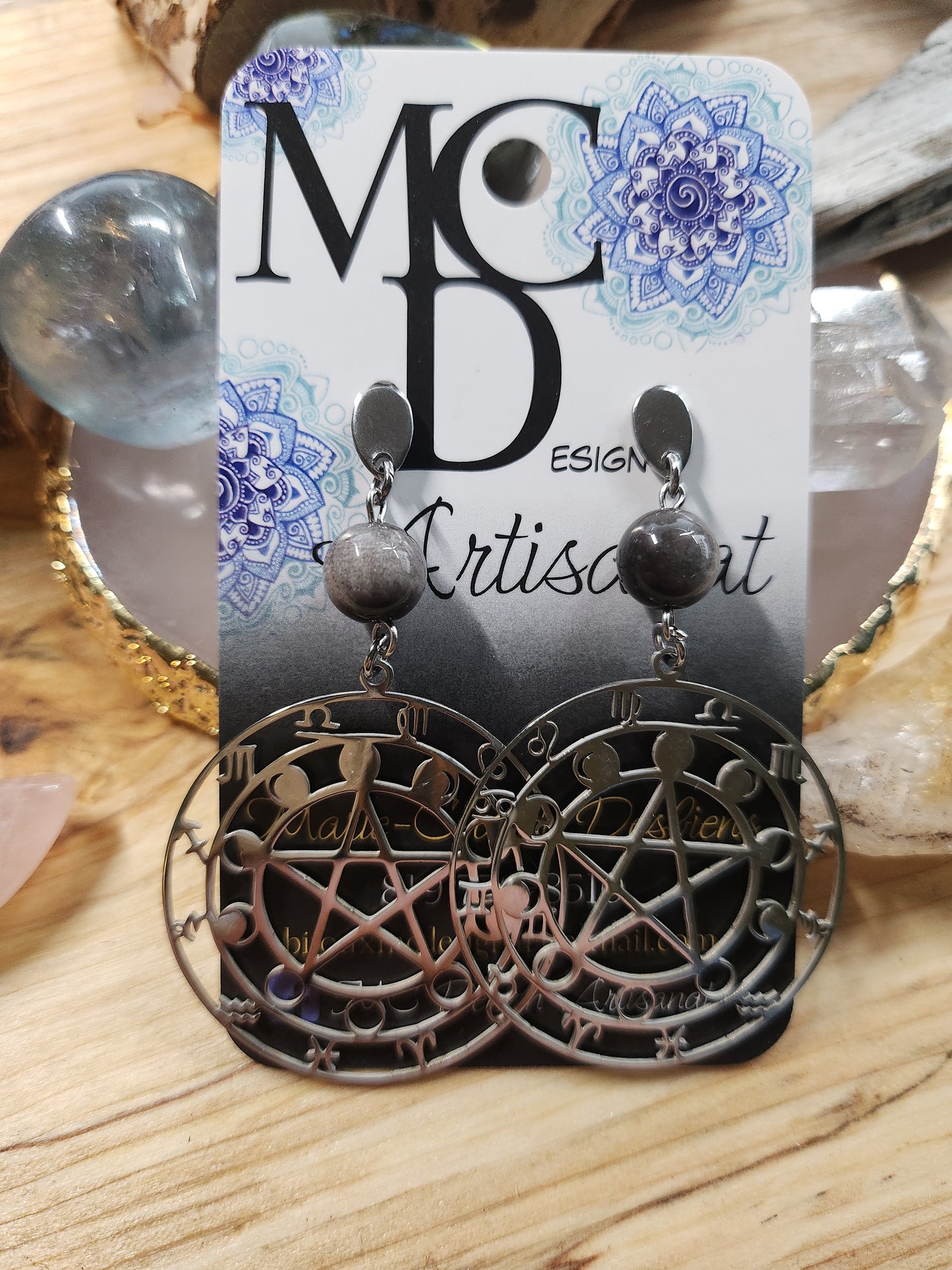 Boucles d'oreilles Signes astrologique et Obsidienne argentée