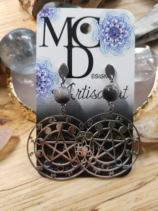 Boucles d'oreilles Signes astrologique et Obsidienne argentée