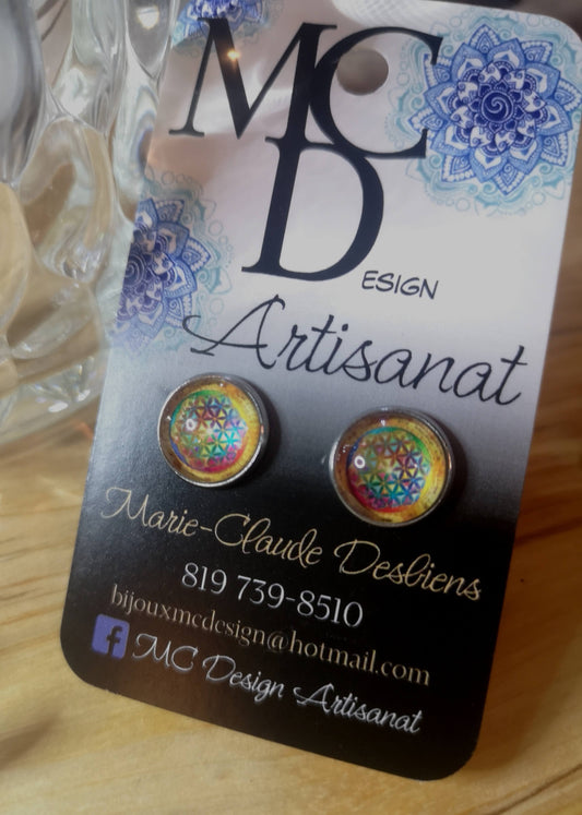 Clous d'oreilles Cabochon de verre Fleur de vie